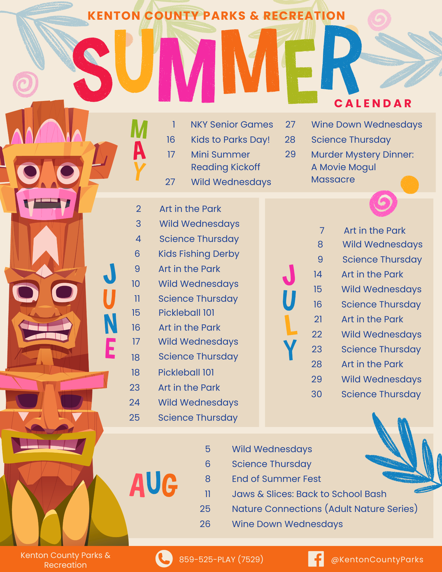 Kenton County Parks & Recreation summer 2026 calendar with tiki motif
